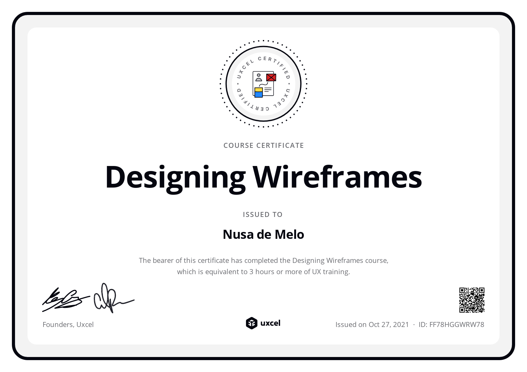 Nusa de Melo's certificate